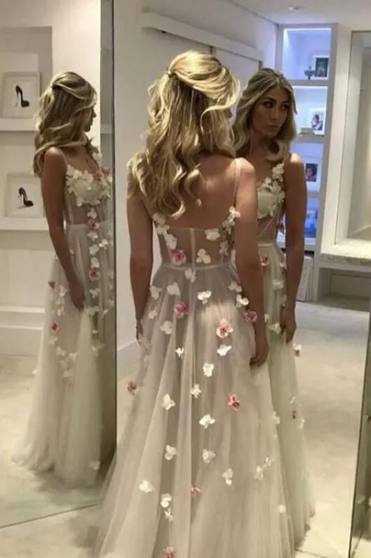 A-line Hand-Made Flower Formal Dress Sexy Sleeveless Straps Prom Gowns with Flowers