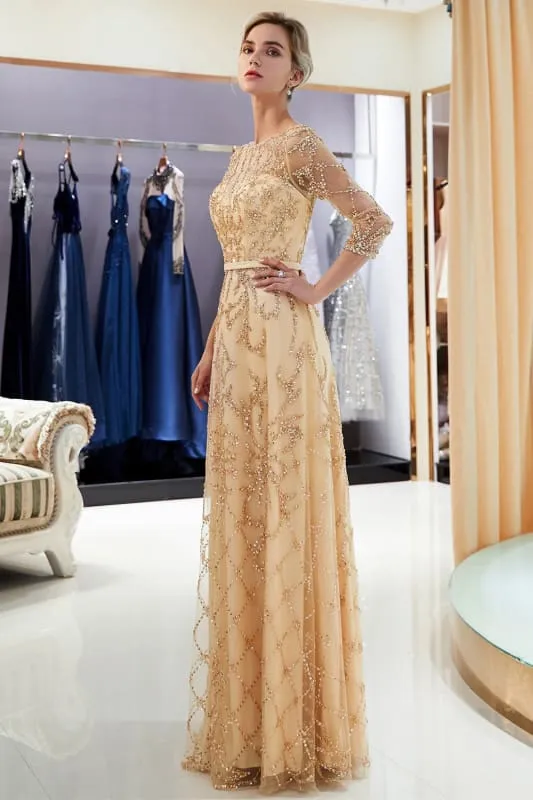 A-line Illusion Neckline Long Beading Evening Gowns with Sleeves