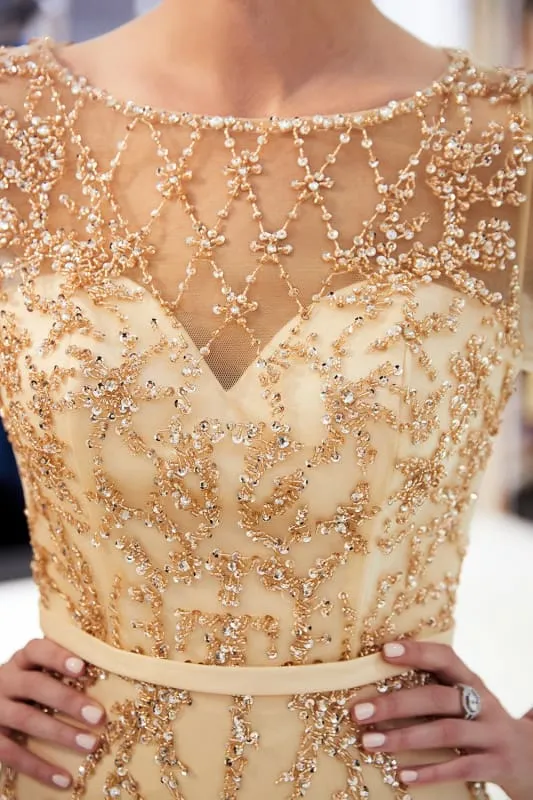 A-line Illusion Neckline Long Beading Evening Gowns with Sleeves