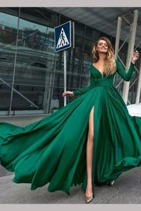 Amazing Excellent Excellent Sexy Green Deep V Neck Long Sleeves Floor-length Prom Dresses Leg Split Evening Gowns