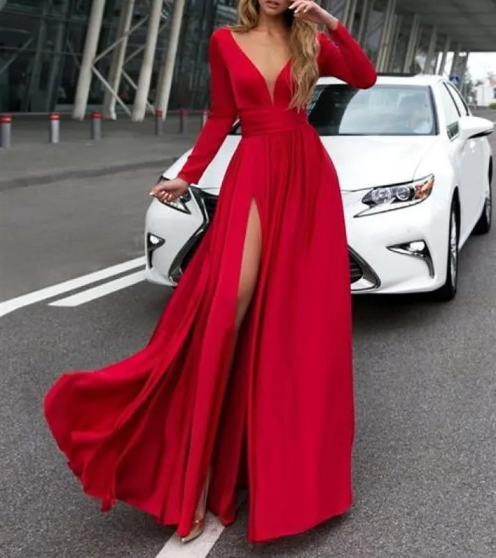 Amazing Excellent Excellent Sexy Green Deep V Neck Long Sleeves Floor-length Prom Dresses Leg Split Evening Gowns