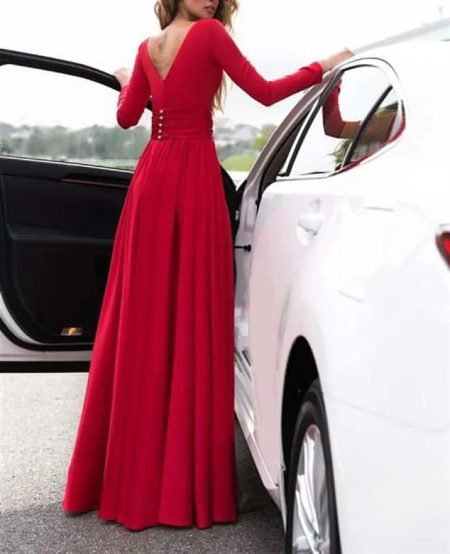 Amazing Excellent Excellent Sexy Green Deep V Neck Long Sleeves Floor-length Prom Dresses Leg Split Evening Gowns