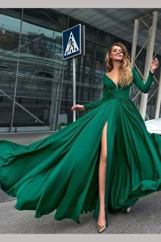 Amazing Excellent Excellent Sexy Green Deep V Neck Long Sleeves Floor-length Prom Dresses Leg Split Evening Gowns