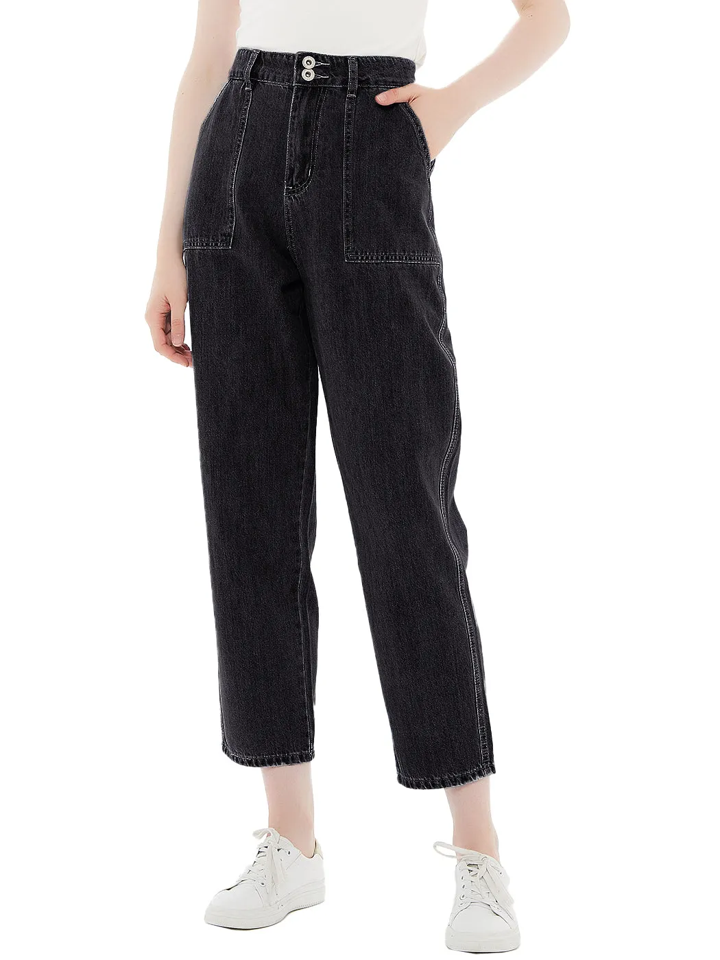 Anna-Kaci Women's High Waisted Boyfriend Denim Jeans Loose Tapered Crop Pants, Black, Large