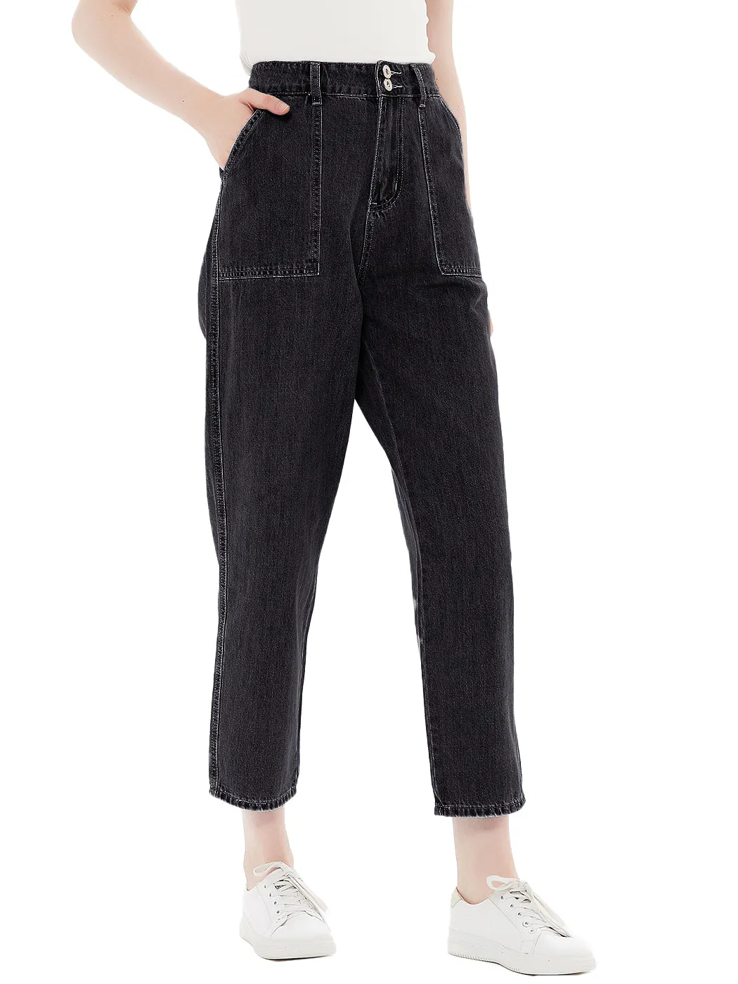 Anna-Kaci Women's High Waisted Boyfriend Denim Jeans Loose Tapered Crop Pants, Black, Large
