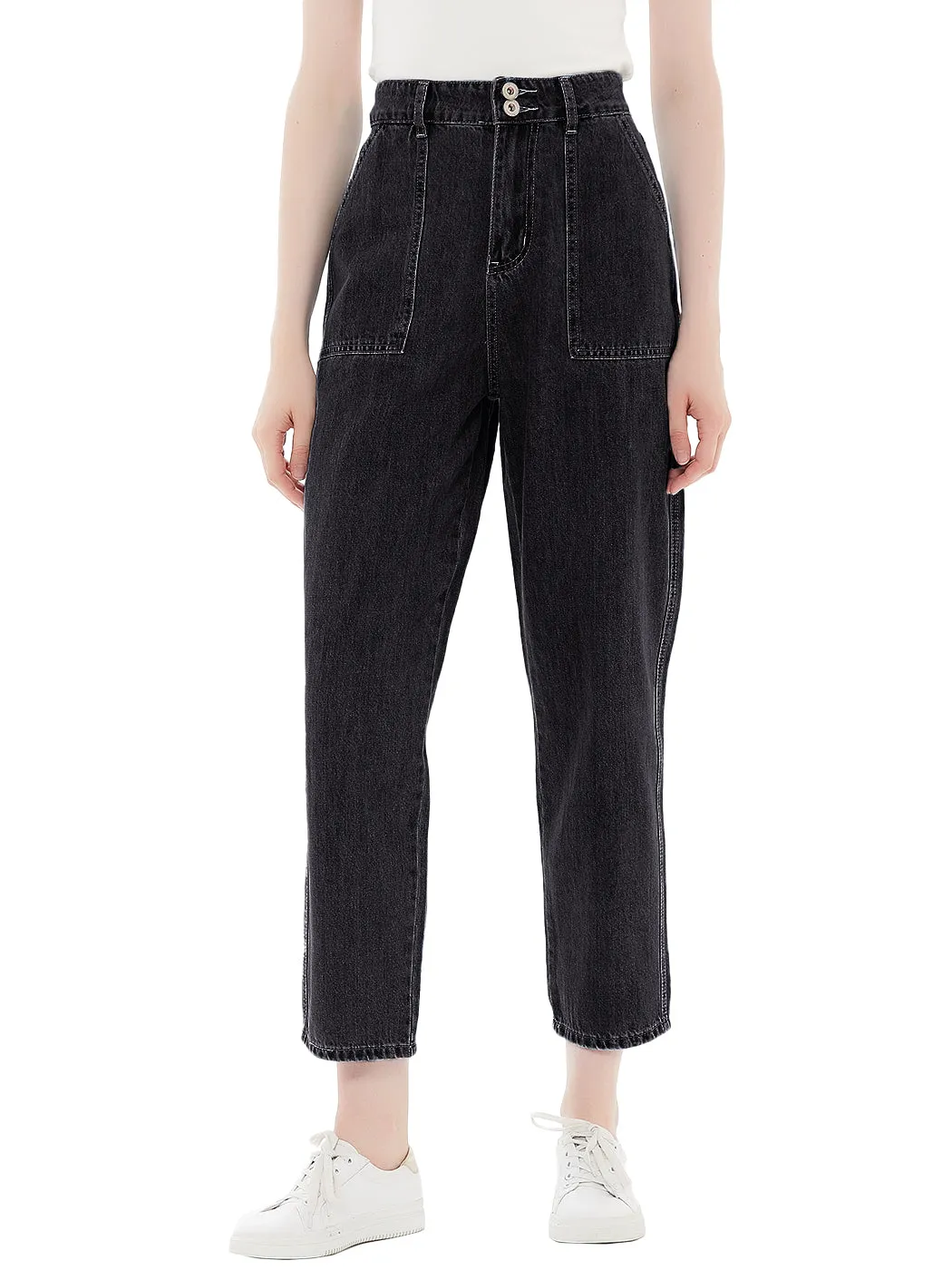 Anna-Kaci Women's High Waisted Boyfriend Denim Jeans Loose Tapered Crop Pants, Black, Large