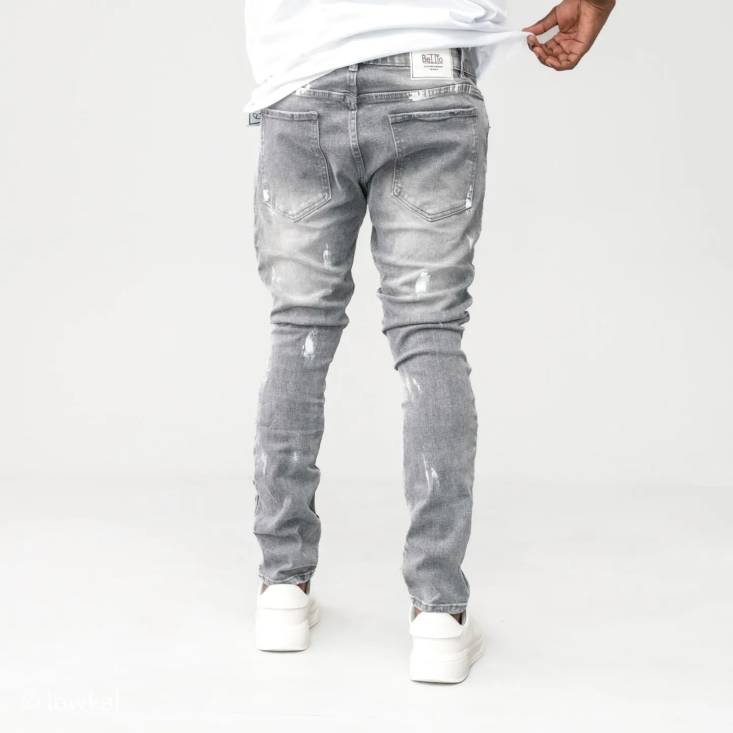 Betto Men's Grey Denim Ripped Jeans