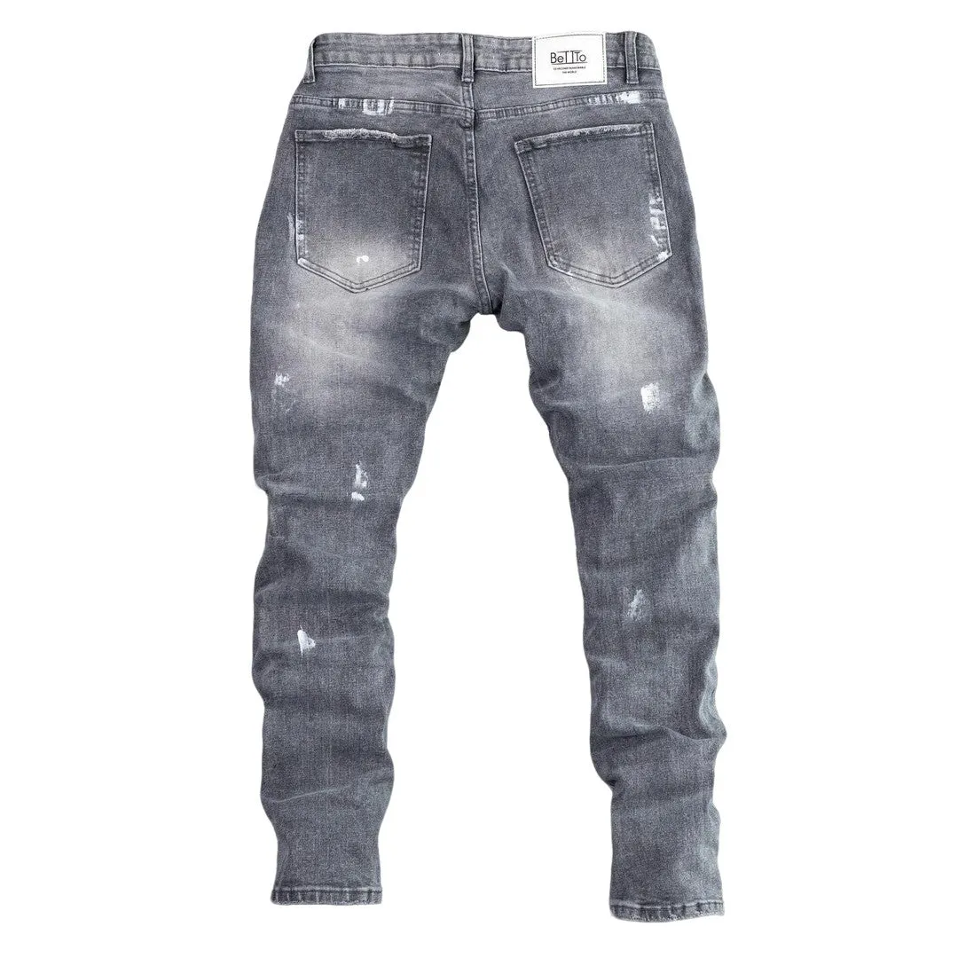 Betto Men's Grey Denim Ripped Jeans