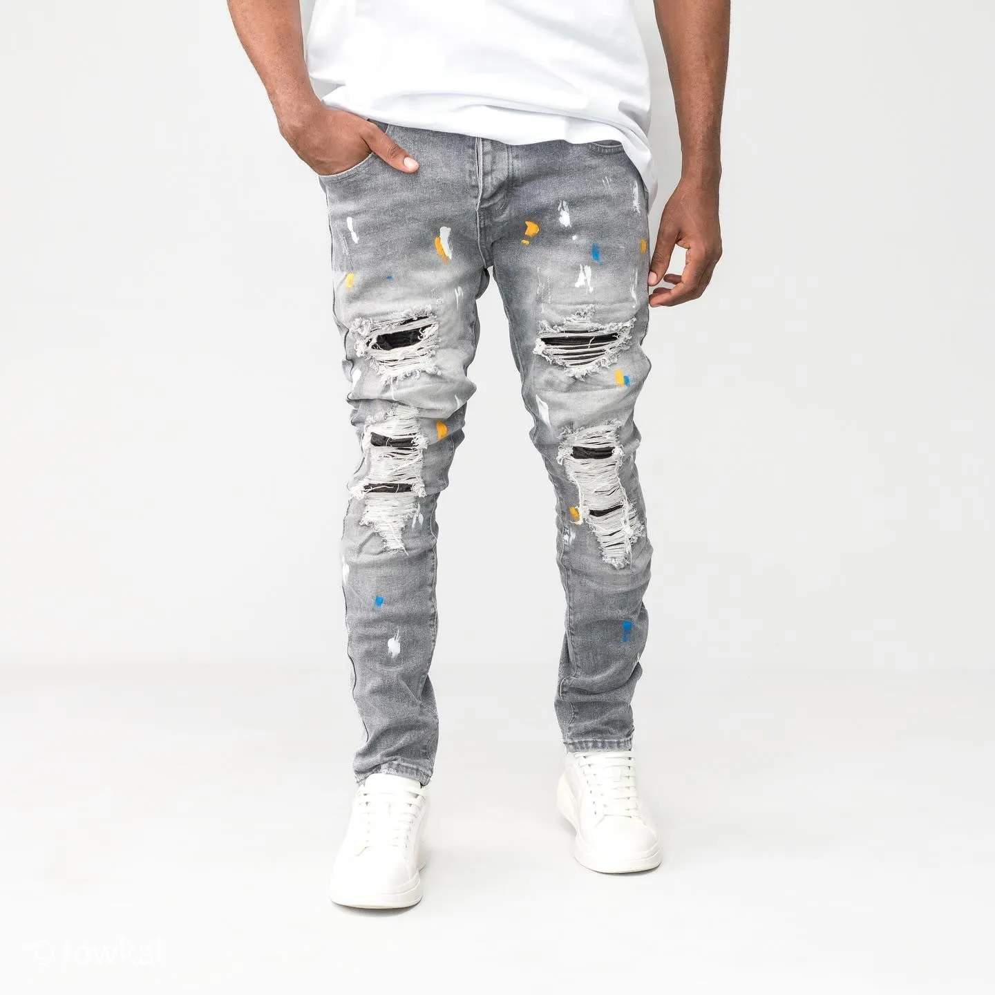 Betto Men's Grey Denim Ripped Jeans