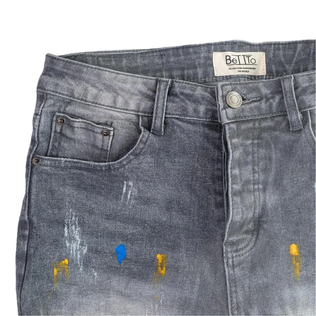 Betto Men's Grey Denim Ripped Jeans