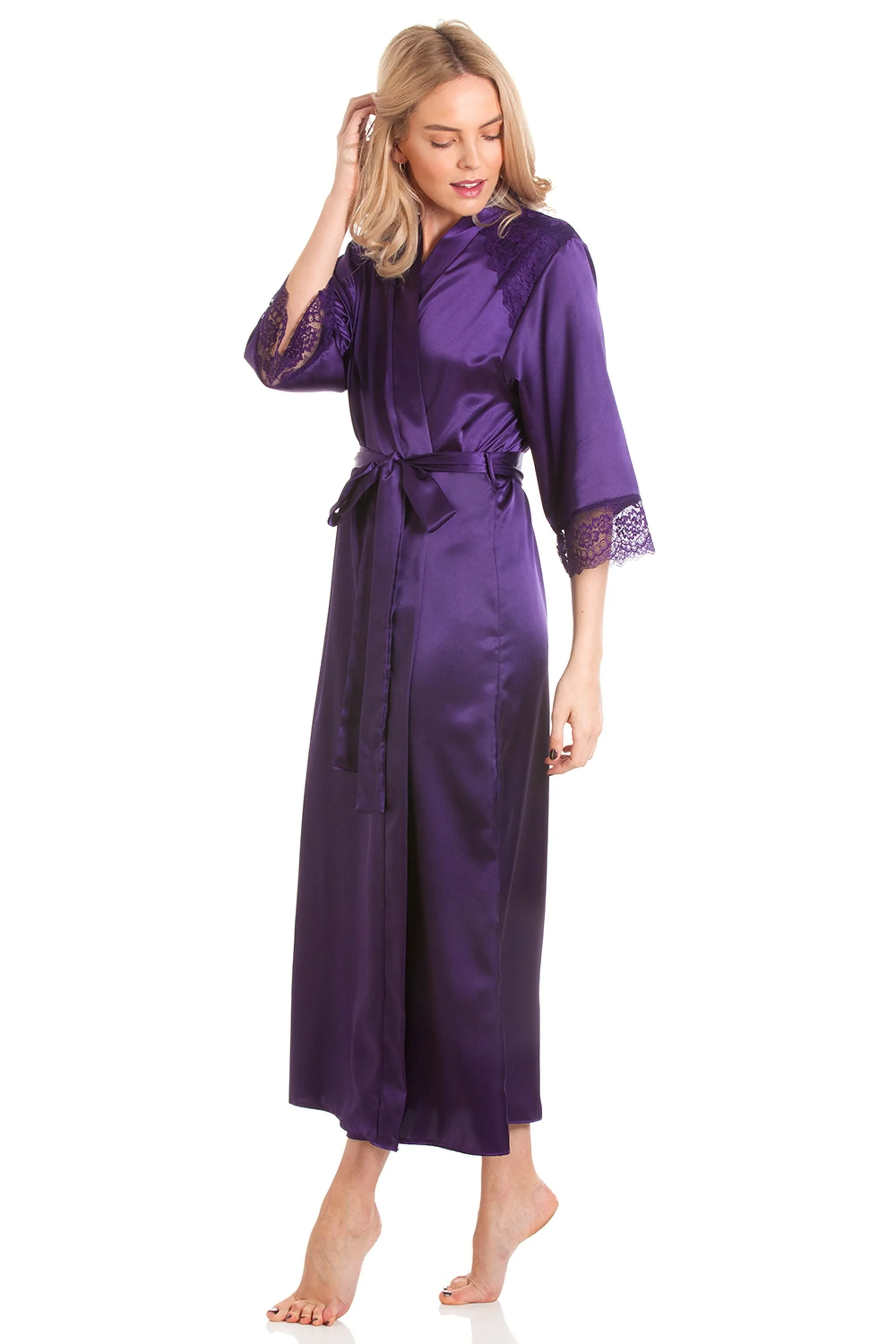 British Made Long Satin Wrap Dressing Gown With Lace Trim
