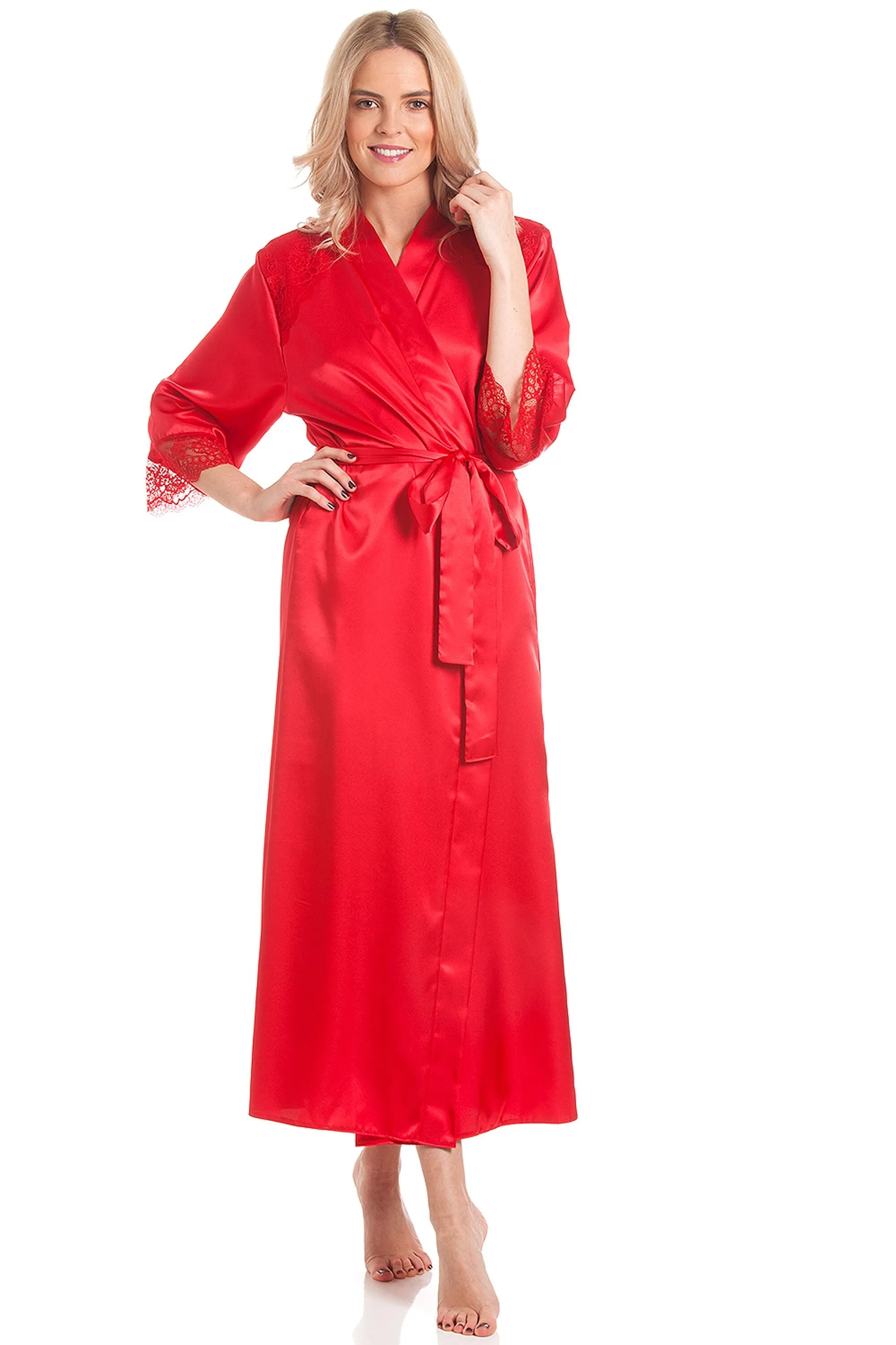 British Made Long Satin Wrap Dressing Gown With Lace Trim