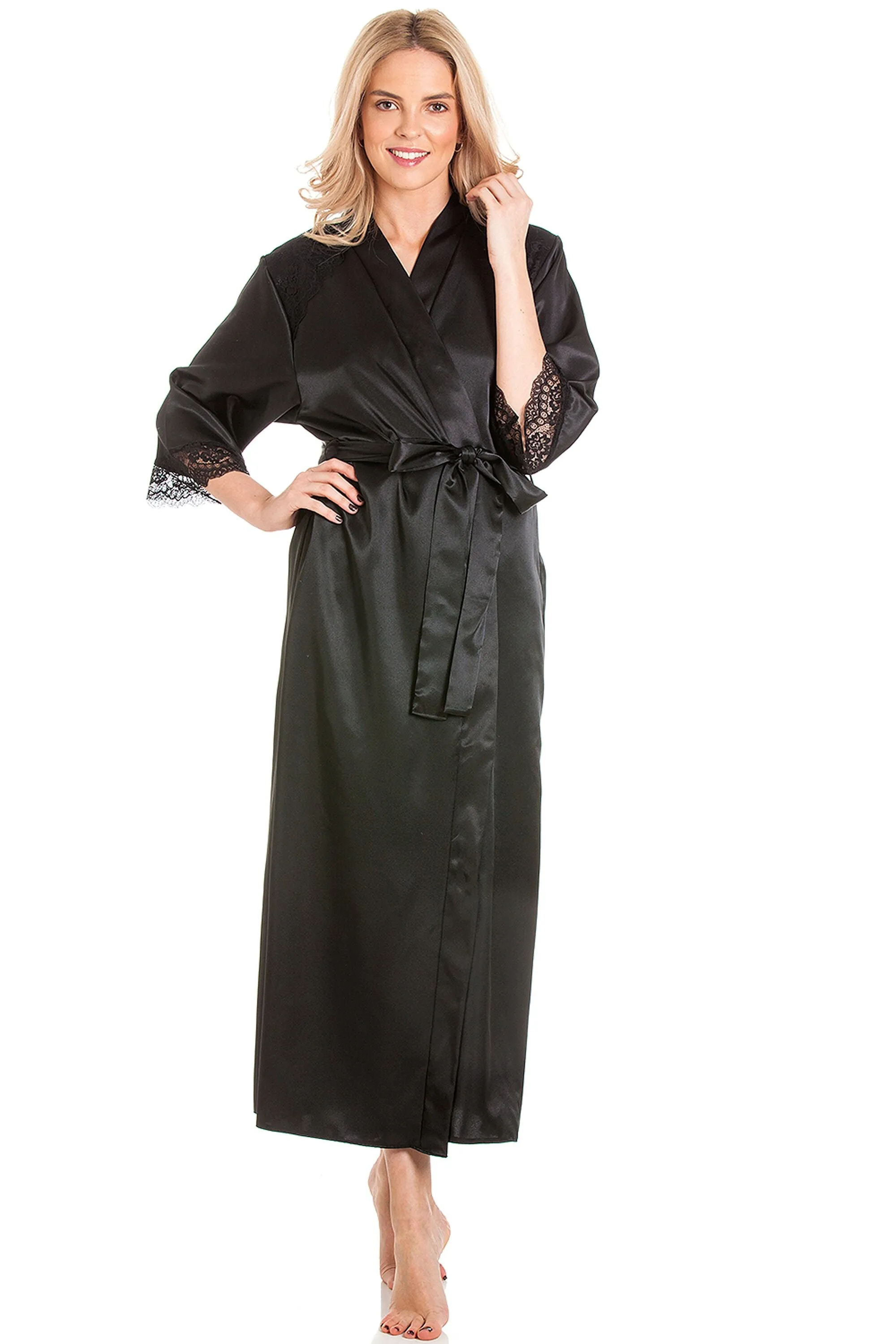 British Made Long Satin Wrap Dressing Gown With Lace Trim