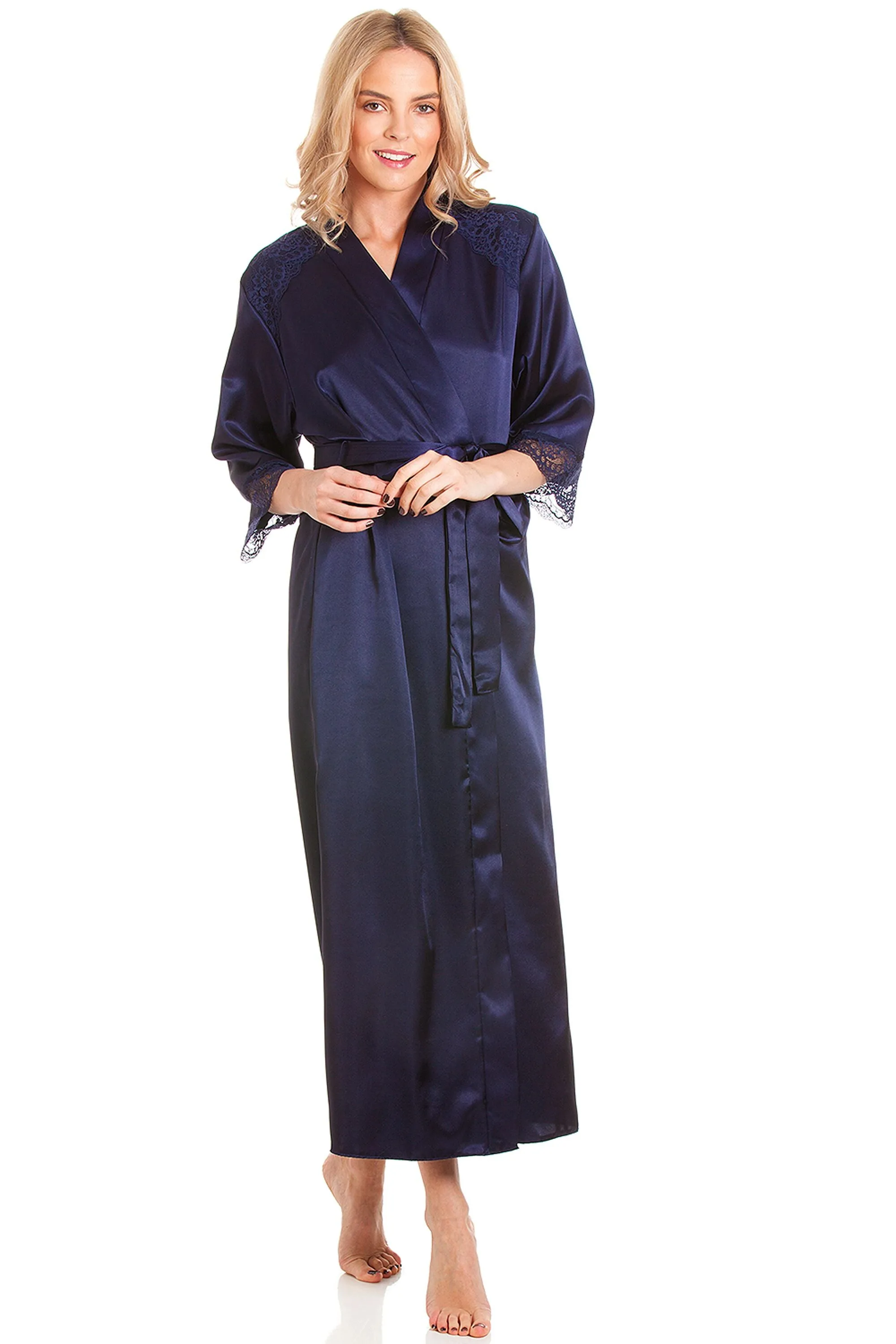 British Made Long Satin Wrap Dressing Gown With Lace Trim