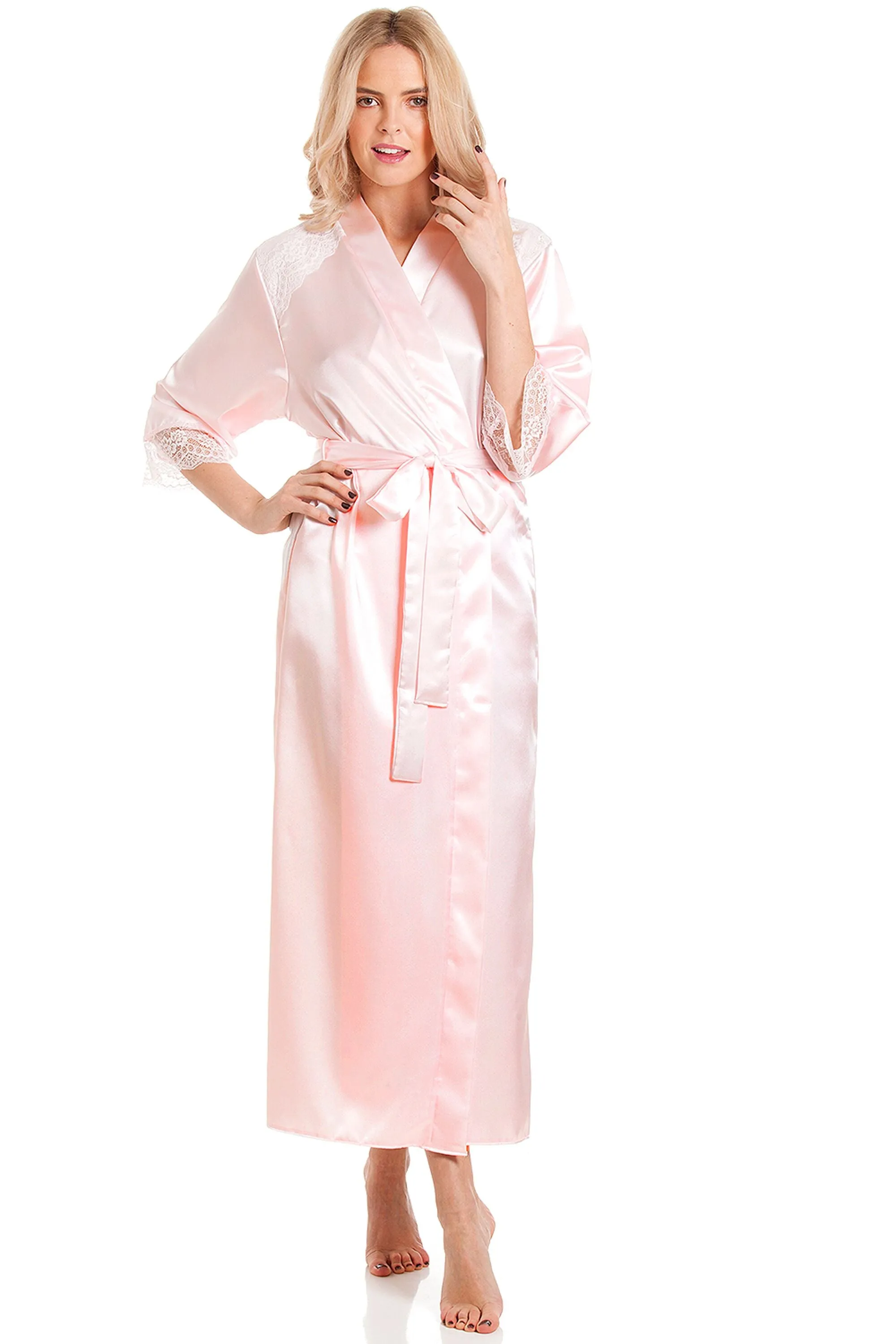 British Made Long Satin Wrap Dressing Gown With Lace Trim