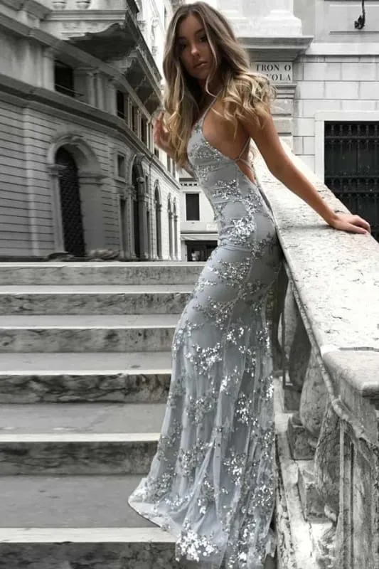 Chic Elegant Chic Spaghetti Straps V-neck Mermaid Sparkly Tulle Evening Dress Long Prom Gowns