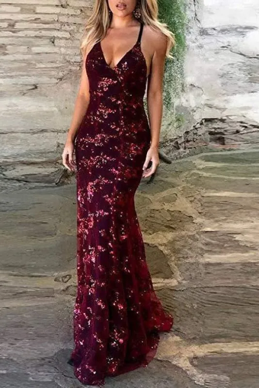 Chic Elegant Chic Spaghetti Straps V-neck Mermaid Sparkly Tulle Evening Dress Long Prom Gowns
