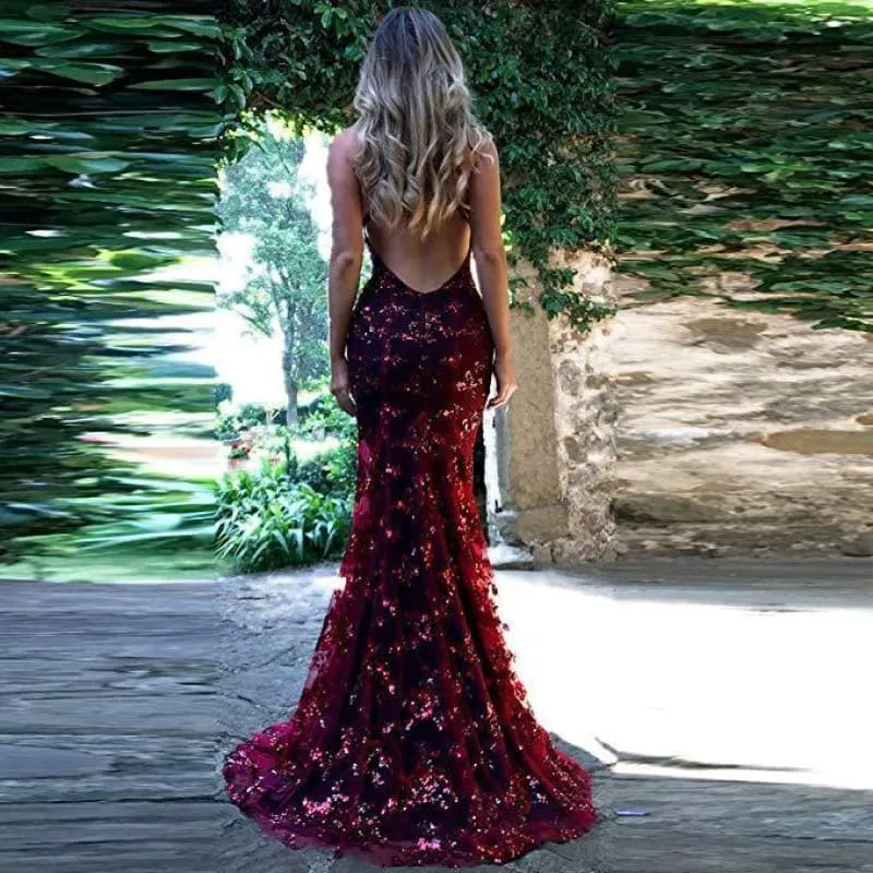 Chic Elegant Chic Spaghetti Straps V-neck Mermaid Sparkly Tulle Evening Dress Long Prom Gowns