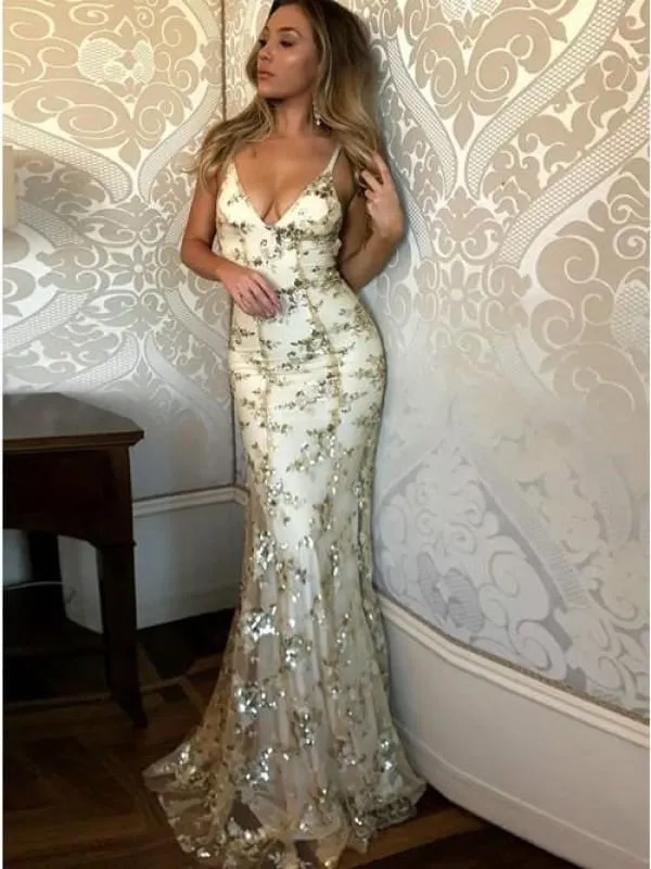 Chic Elegant Chic Spaghetti Straps V-neck Mermaid Sparkly Tulle Evening Dress Long Prom Gowns