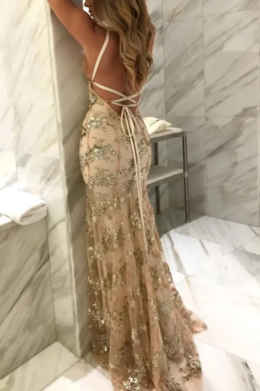 Chic Elegant Chic Spaghetti Straps V-neck Mermaid Sparkly Tulle Evening Dress Long Prom Gowns