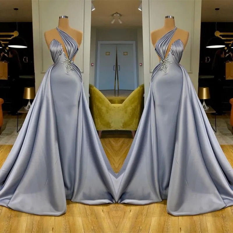 Chic Long Mermaid Halter Beadings Satin Evening Dress With Detachable Skirt