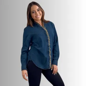Cutting Edge Button Down Lace Detail Denim Top Made in USA
