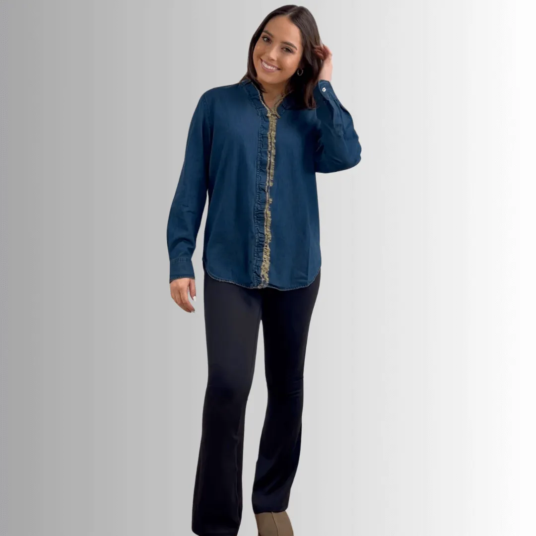 Cutting Edge Button Down Lace Detail Denim Top Made in USA