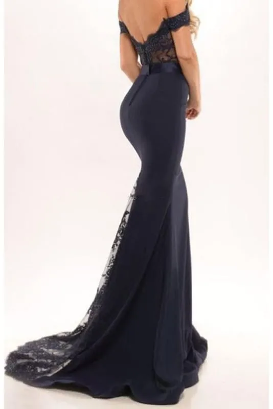 Glorious Wonderful Latest Cheap Mermaid Long Dress lace Black Off the Shoulder with Sash Prom Gowns