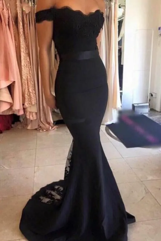 Glorious Wonderful Latest Cheap Mermaid Long Dress lace Black Off the Shoulder with Sash Prom Gowns