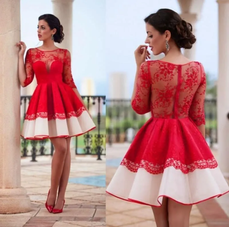Half Sleeve Red dresses Pretty Short Lace Homecoming Gowns