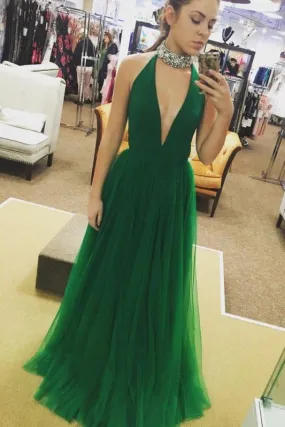 Hot Sexy Deep V-Neck Green Tulle Long Dresses A-line Sleeveless Cheap Prom Gowns