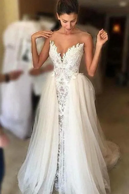 Ivory Sheer Neck Lace Gowns Tulle Vintage Special Wedding Dress