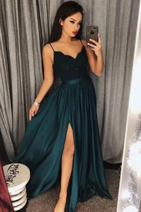 Jade Spaghetti Straps V neck Prom Dress with Lace Maxi High Split Evening Gowns