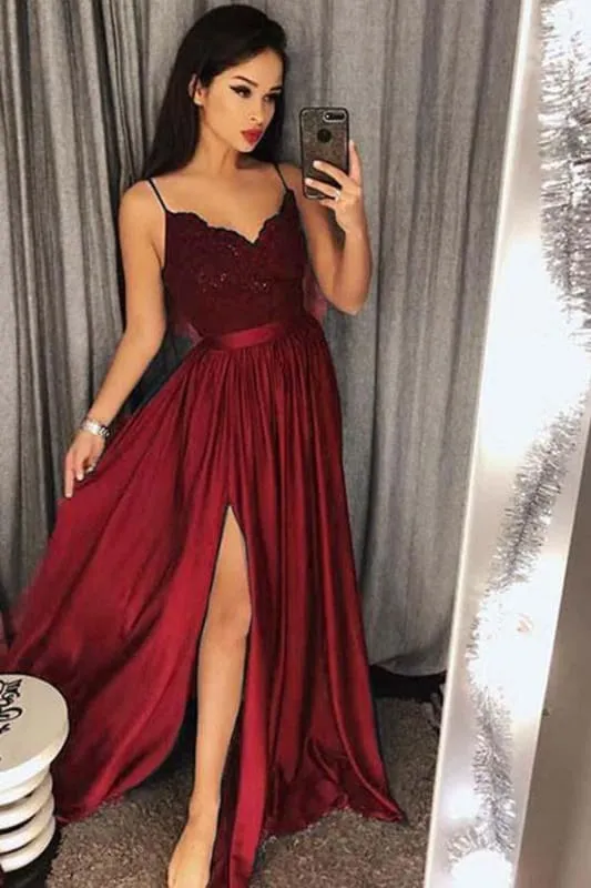 Jade Spaghetti Straps V neck Prom Dress with Lace Maxi High Split Evening Gowns
