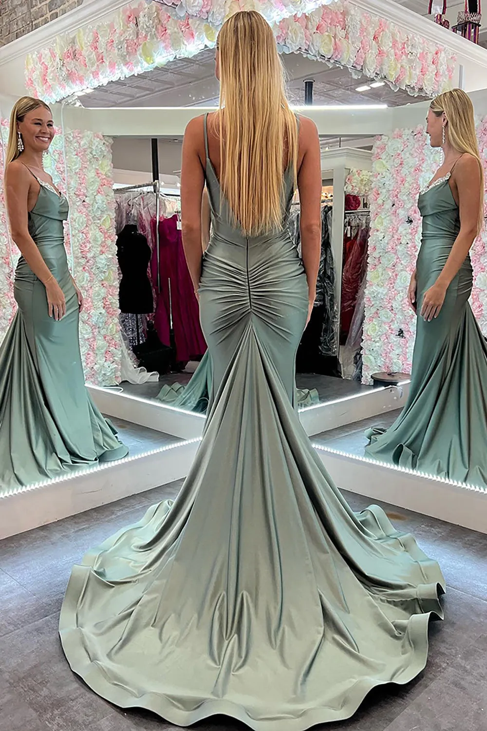 Jayleen | Mermaid Spaghetti Straps Green Long Prom Dress with Lace
