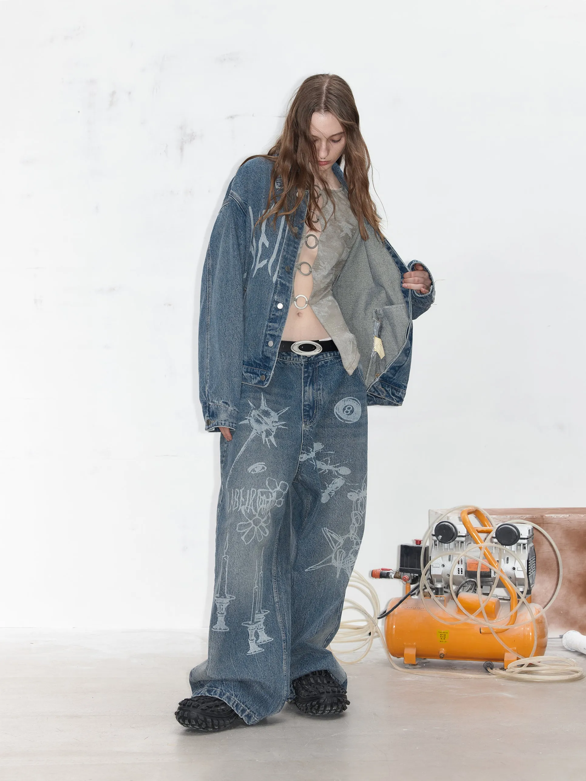 leather Burnout Pattern Denim Jacket