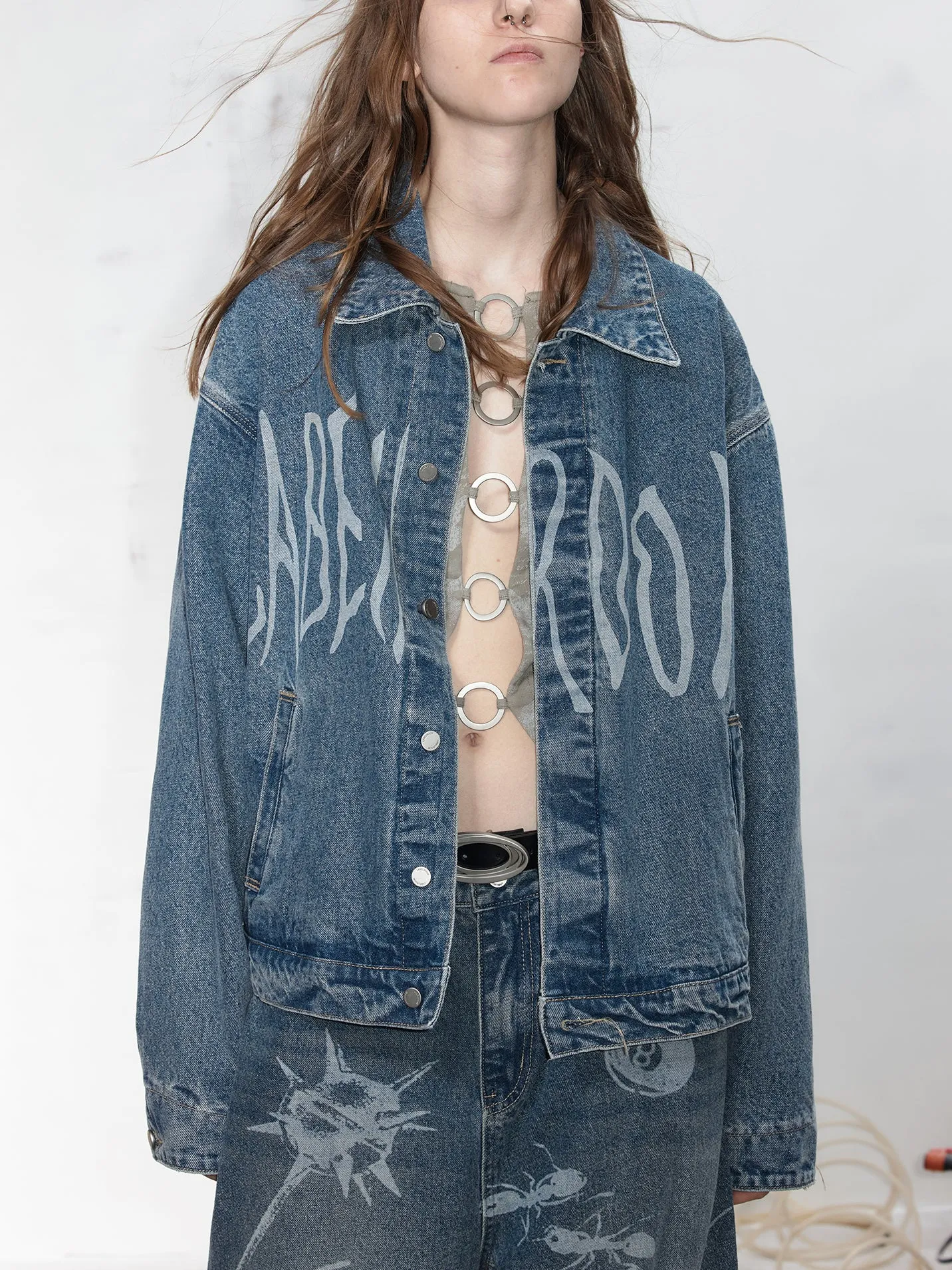 leather Burnout Pattern Denim Jacket