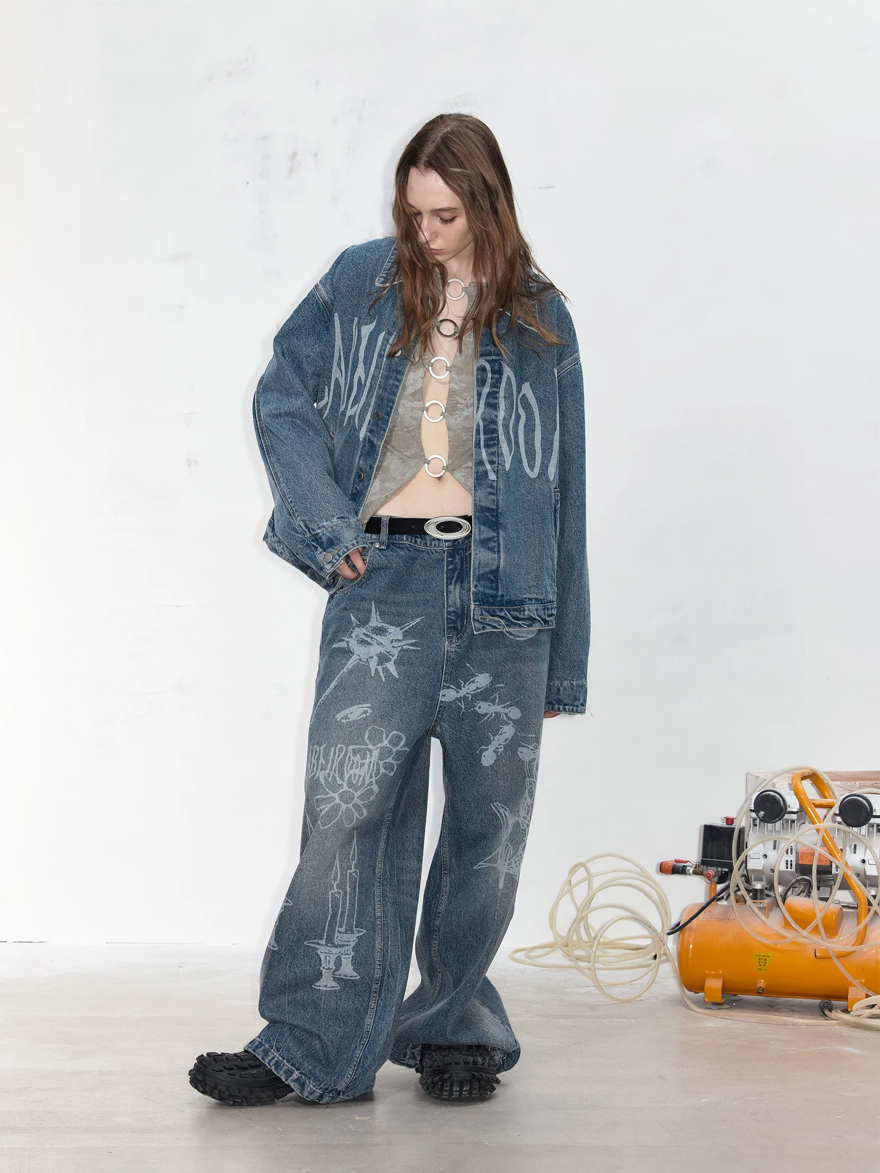 leather Burnout Pattern Denim Jacket