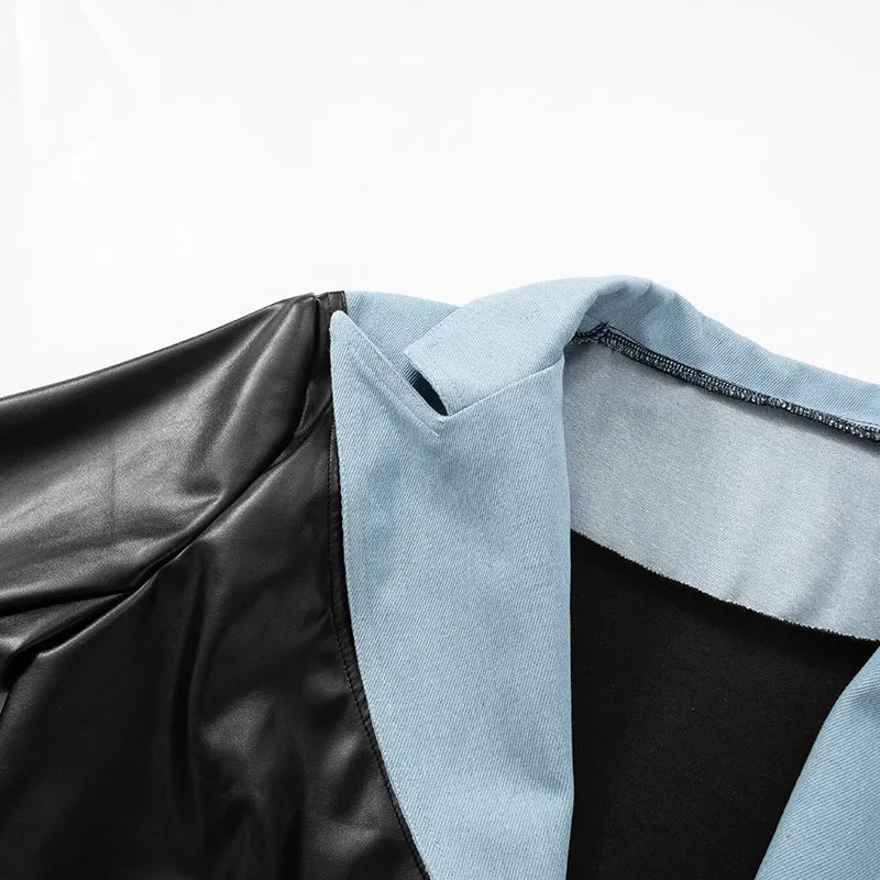 Leather Cropped Jackets Women Denim Patchwork Fashion Turn-Down Collar Long Sleeve Cardigan Female High Street Coats