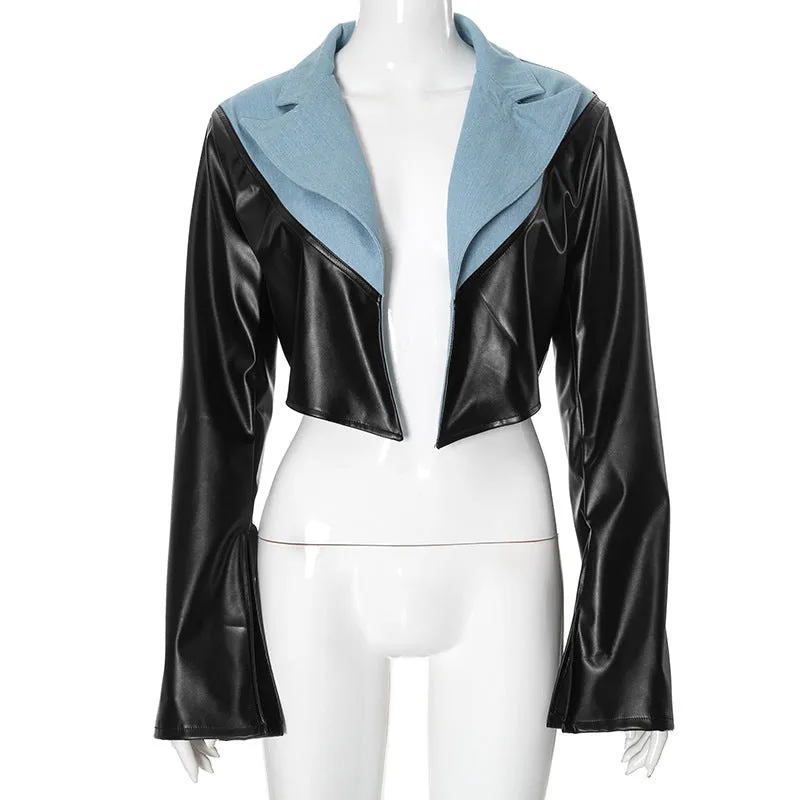 Leather Cropped Jackets Women Denim Patchwork Fashion Turn-Down Collar Long Sleeve Cardigan Female High Street Coats