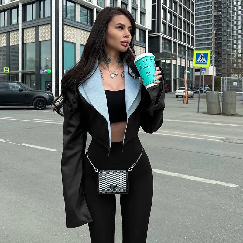 Leather Cropped Jackets Women Denim Patchwork Fashion Turn-Down Collar Long Sleeve Cardigan Female High Street Coats