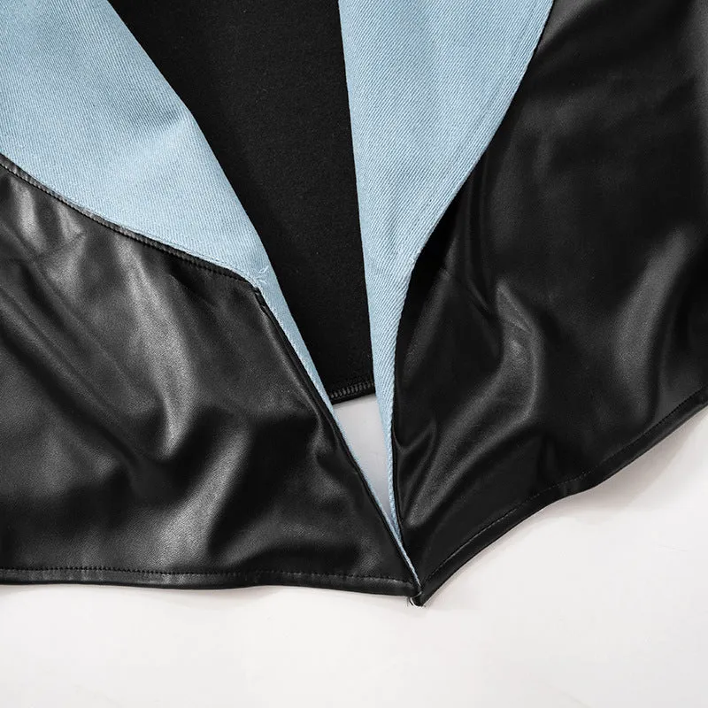Leather Cropped Jackets Women Denim Patchwork Fashion Turn-Down Collar Long Sleeve Cardigan Female High Street Coats