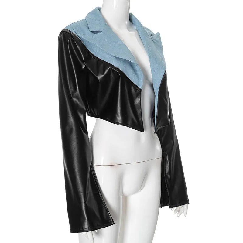 Leather Cropped Jackets Women Denim Patchwork Fashion Turn-Down Collar Long Sleeve Cardigan Female High Street Coats