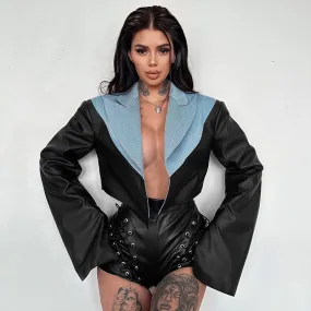 Leather Cropped Jackets Women Denim Patchwork Fashion Turn-Down Collar Long Sleeve Cardigan Female High Street Coats