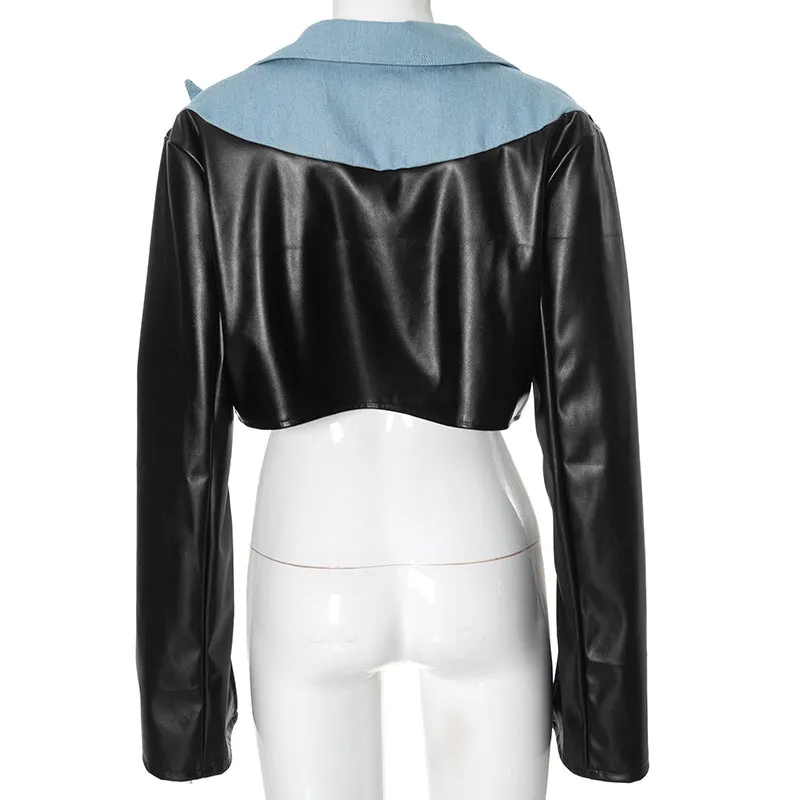 Leather Cropped Jackets Women Denim Patchwork Fashion Turn-Down Collar Long Sleeve Cardigan Female High Street Coats