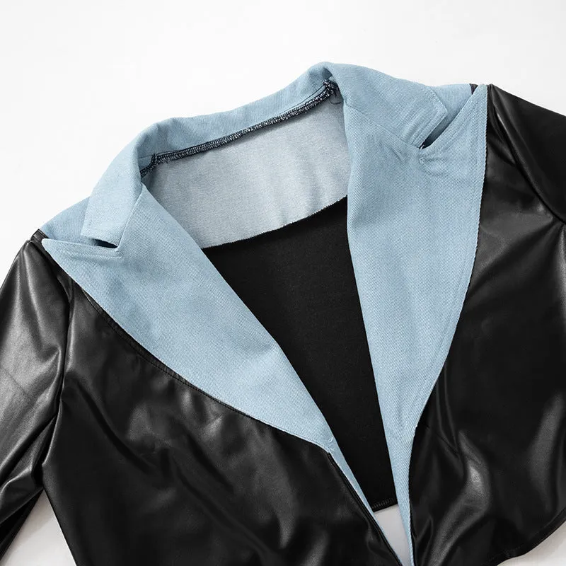 Leather Cropped Jackets Women Denim Patchwork Fashion Turn-Down Collar Long Sleeve Cardigan Female High Street Coats