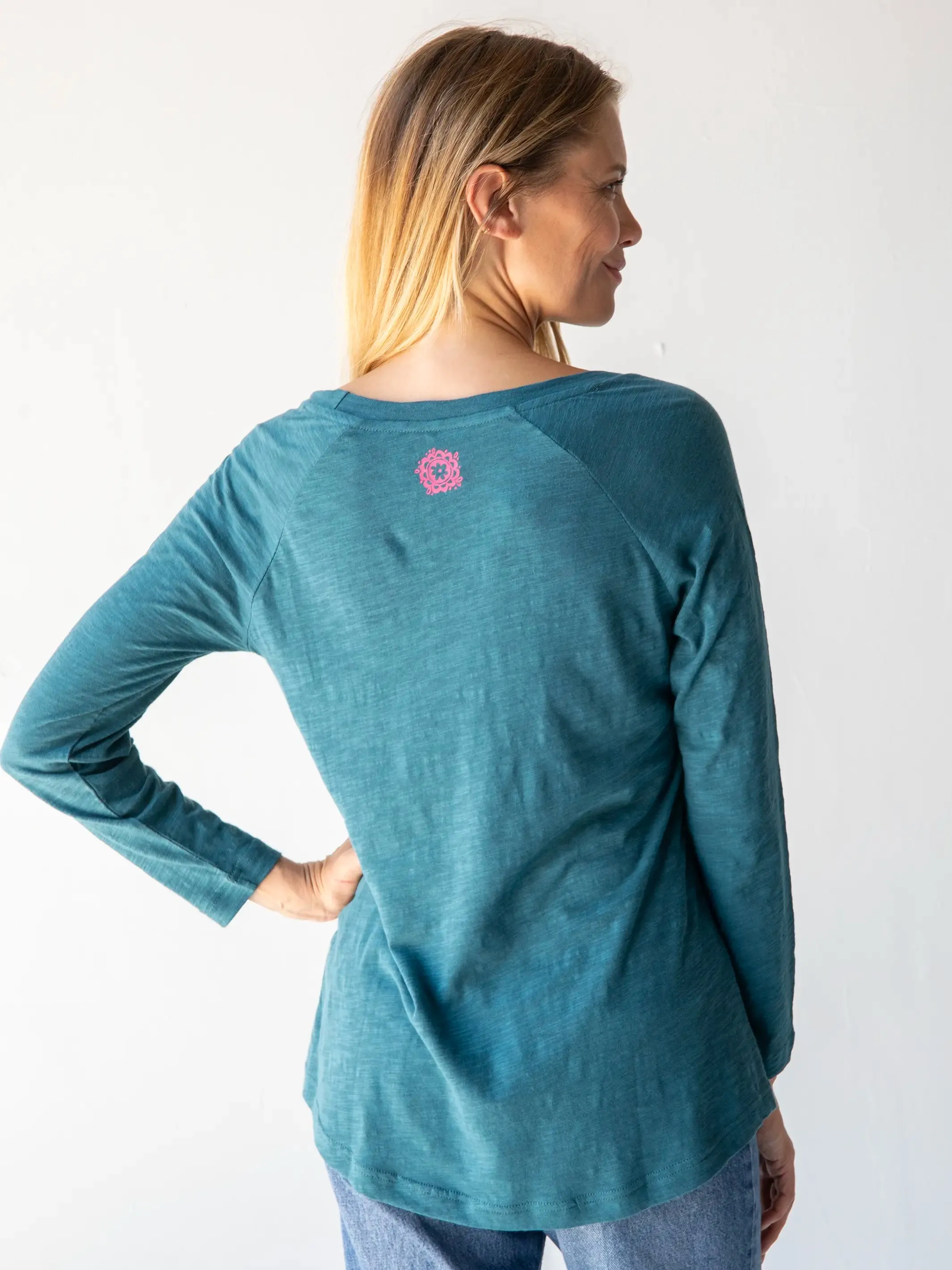 Long Sleeve Boho Cotton Tee Shirt - Loved Teal