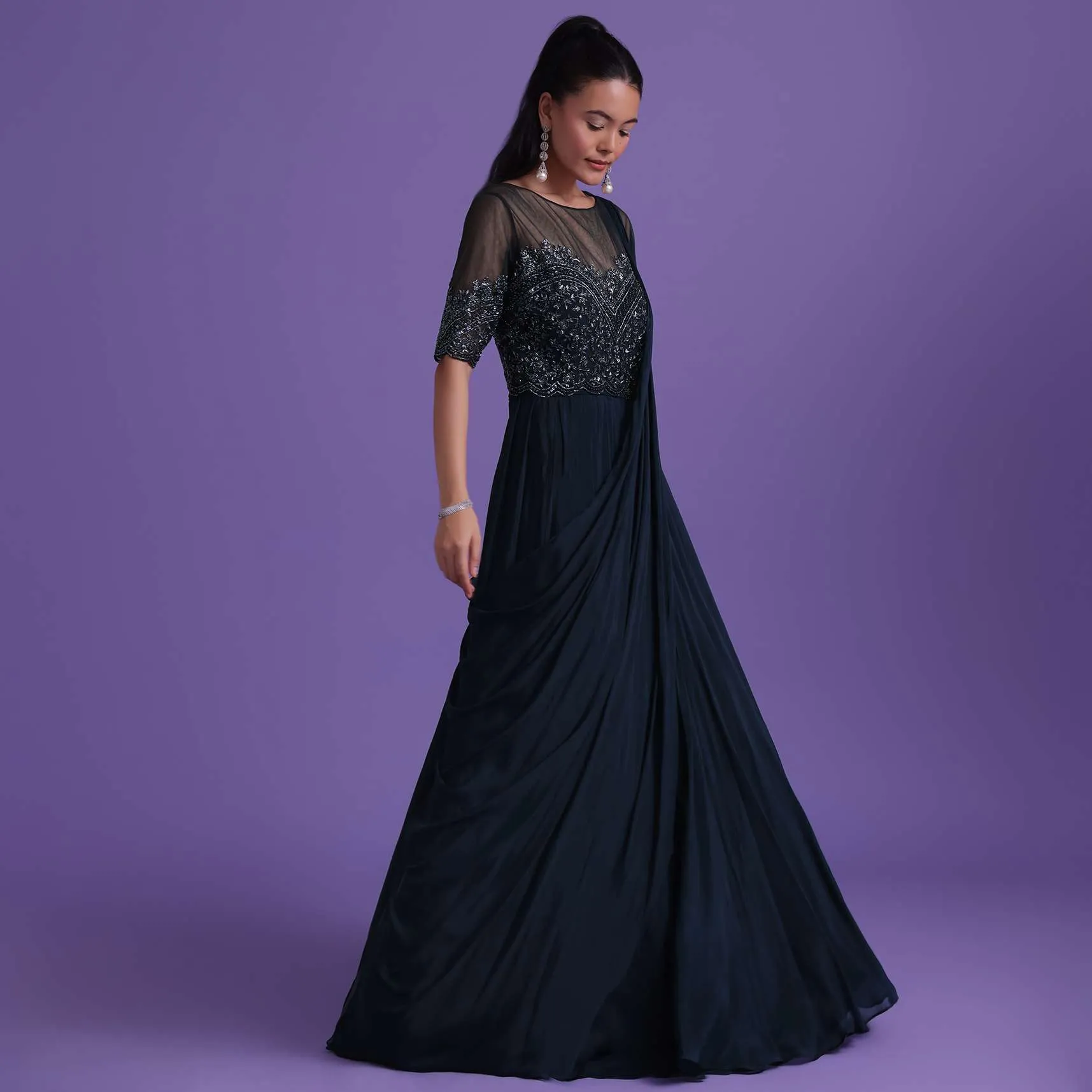 Navy Blue Dana Embroidered Gown With Attached Drape In Chinon