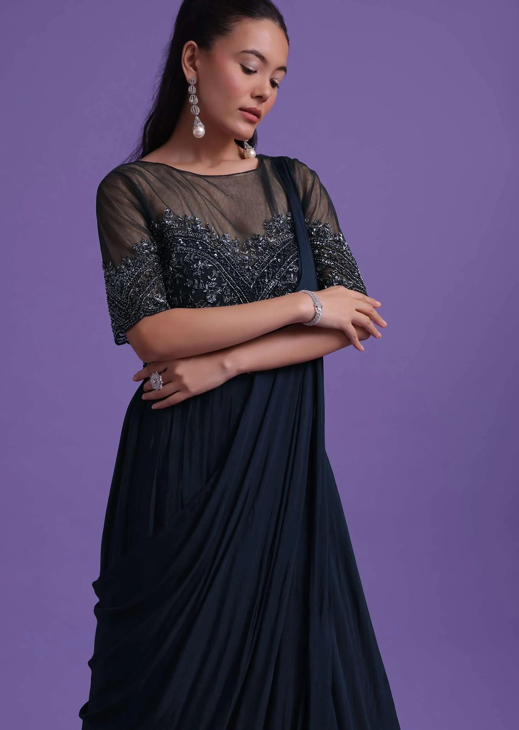 Navy Blue Dana Embroidered Gown With Attached Drape In Chinon