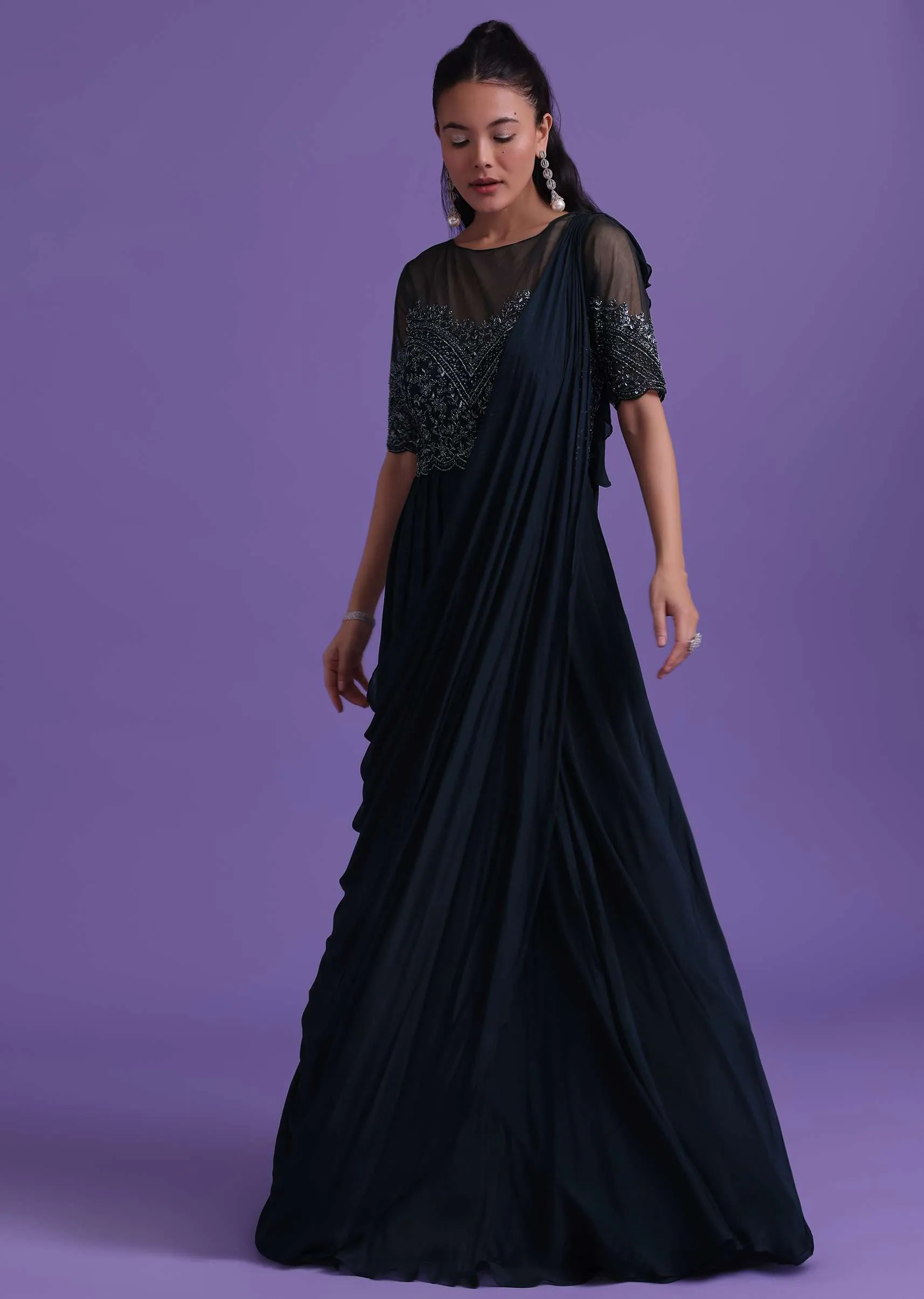 Navy Blue Dana Embroidered Gown With Attached Drape In Chinon